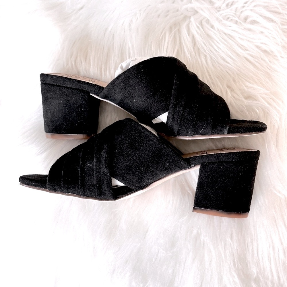 New Beast Fashion Sandals Womens Size 7 Black Suede Peep Toe Chunky Mule Heel